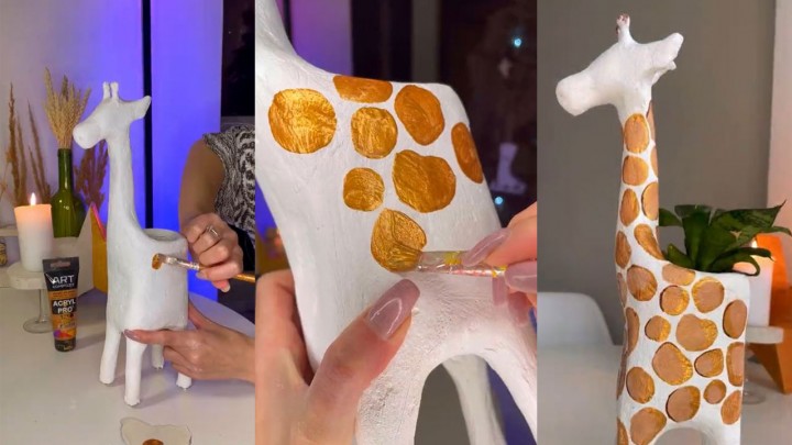DIY zsiráfos papírmasé kaspó gyerekszobába: csak italosdoboz és hurkapálca kell hozzá