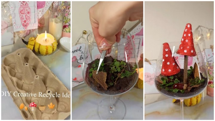 Erdei hangulat a borospohárba zárva: gombás dekoráció tojástartóból készítve